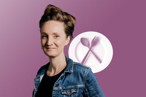 Fastenzeit: Montage zeigt Helen Bömelburg vor einem leeren Teller mit Gabel und Löffel