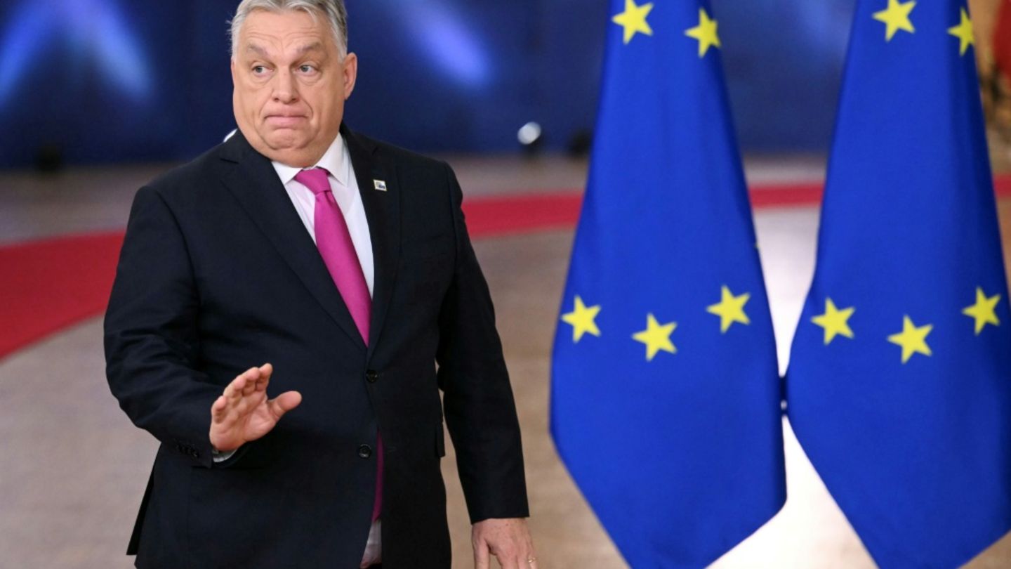 Ungarns Regierungschef Viktor Orban vor EU-Flaggen