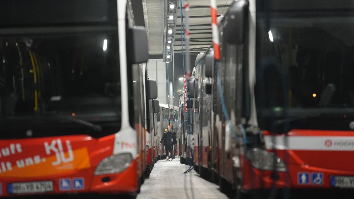 Busse stehen während eines zurückliegenden Warnstreiks in einem Hamburger Betriebshof. Foto: Marcus Brandt/dpa