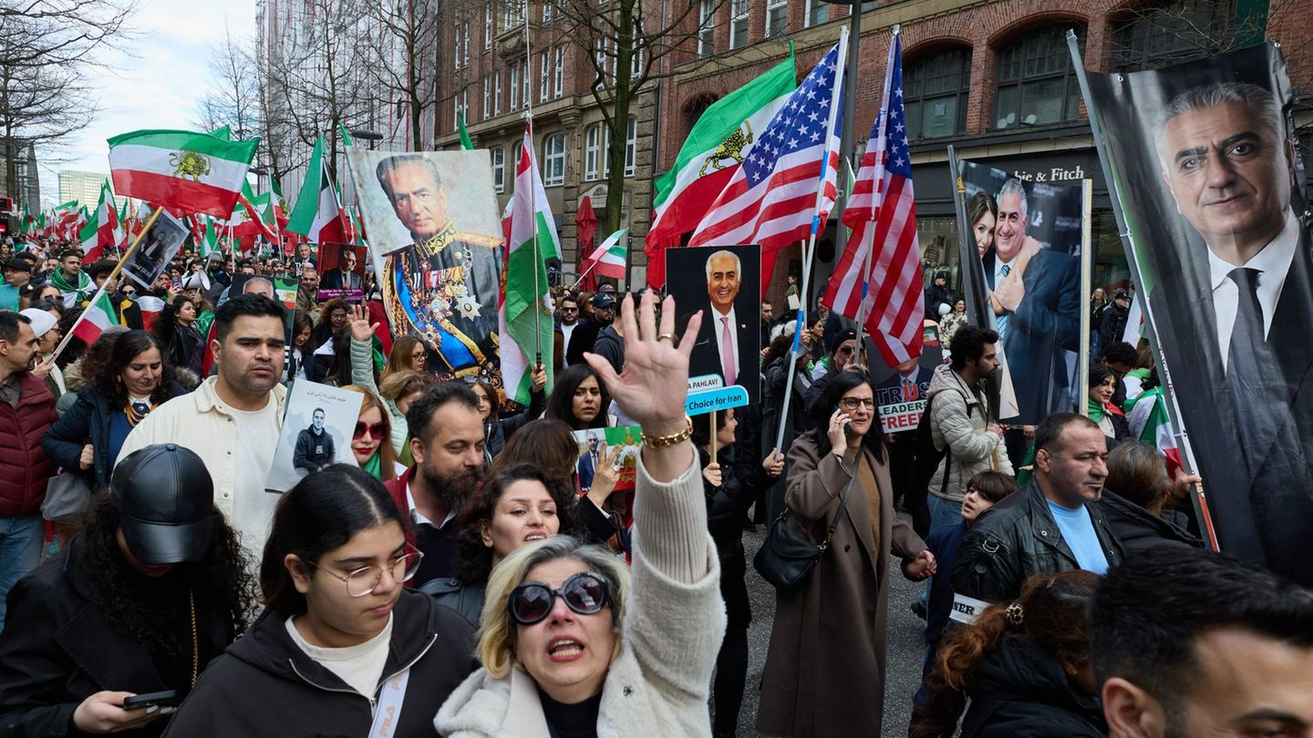 Iran-Demo in Hamburg: Iraner demonstrieren mit US- und Israel-Fahnen