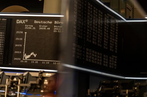 Der Deutsche Aktienindex ist im Handelssaal an der Börse auf einer großen Anzeige zu sehen