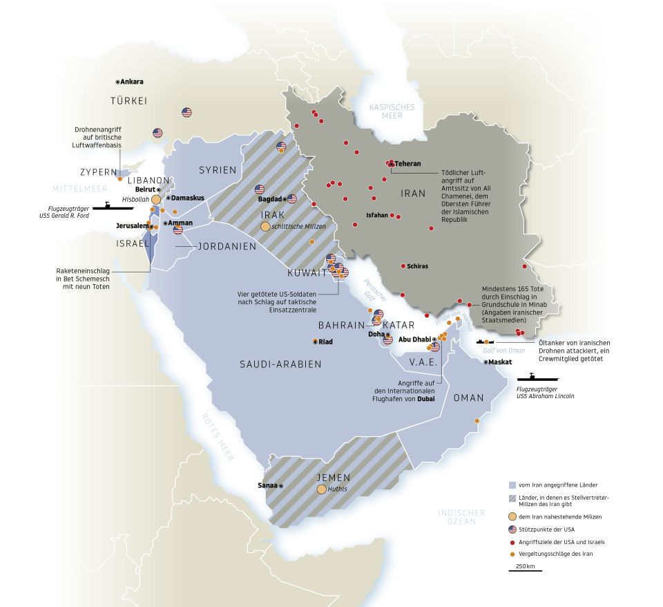 Eine Karte des Nahen Ostens, der Angriffe des Iran und Angriffe auf den Iran zeigt, sowie Verbündete des Iran und US-Basen