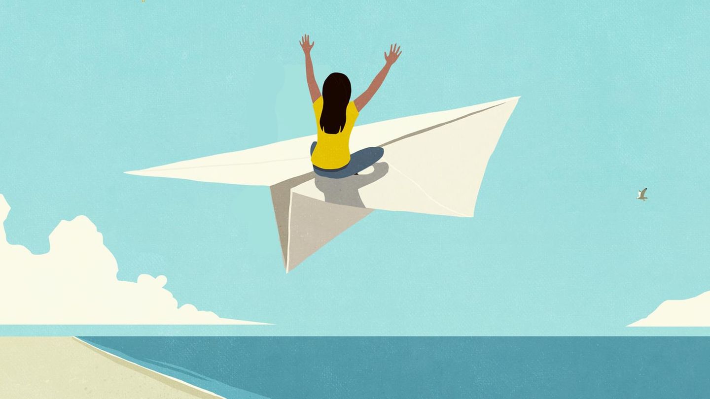 Gehirn: Eine Illustration mit einem Papierflieger, auf dem eine Person sitzt (Symbolbild Nichtstun)