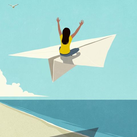 Gehirn: Eine Illustration mit einem Papierflieger, auf dem eine Person sitzt (Symbolbild Nichtstun)