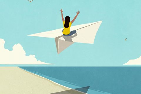 Gehirn: Eine Illustration mit einem Papierflieger, auf dem eine Person sitzt (Symbolbild Nichtstun)