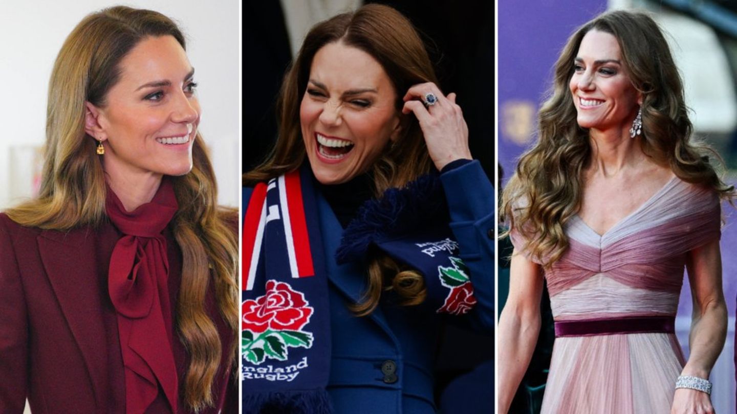 Prinzessin Kate (v.l.) in einem bordeauxroten Mantel und einem kobaltblauten Mantel von Alexander McQueen sowie im Gucci-Kleid