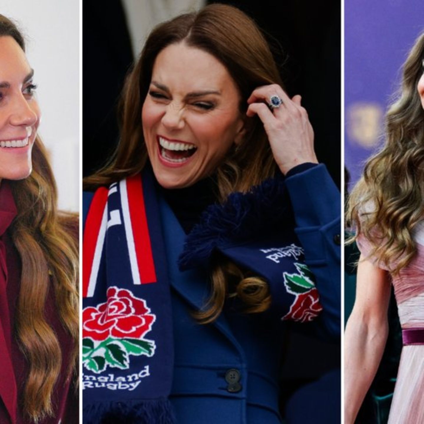 Prinzessin Kate (v.l.) in einem bordeauxroten Mantel und einem kobaltblauten Mantel von Alexander McQueen sowie im Gucci-Kleid