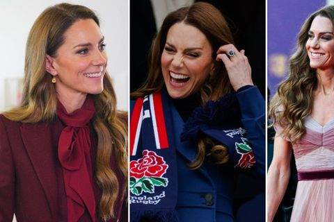 Prinzessin Kate (v.l.) in einem bordeauxroten Mantel und einem kobaltblauten Mantel von Alexander McQueen sowie im Gucci-Kleid