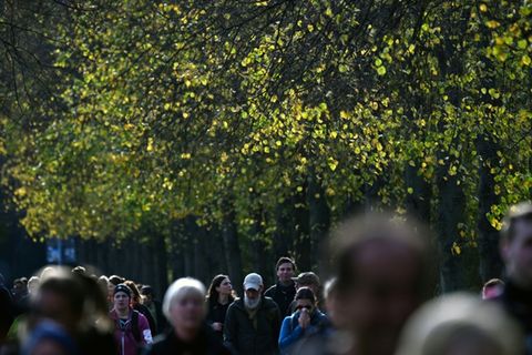 Menschen laufen in Berlin unter Bäumen