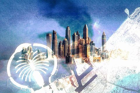 Montage: Satellitenbild mit Rauch und Skyline Dubai