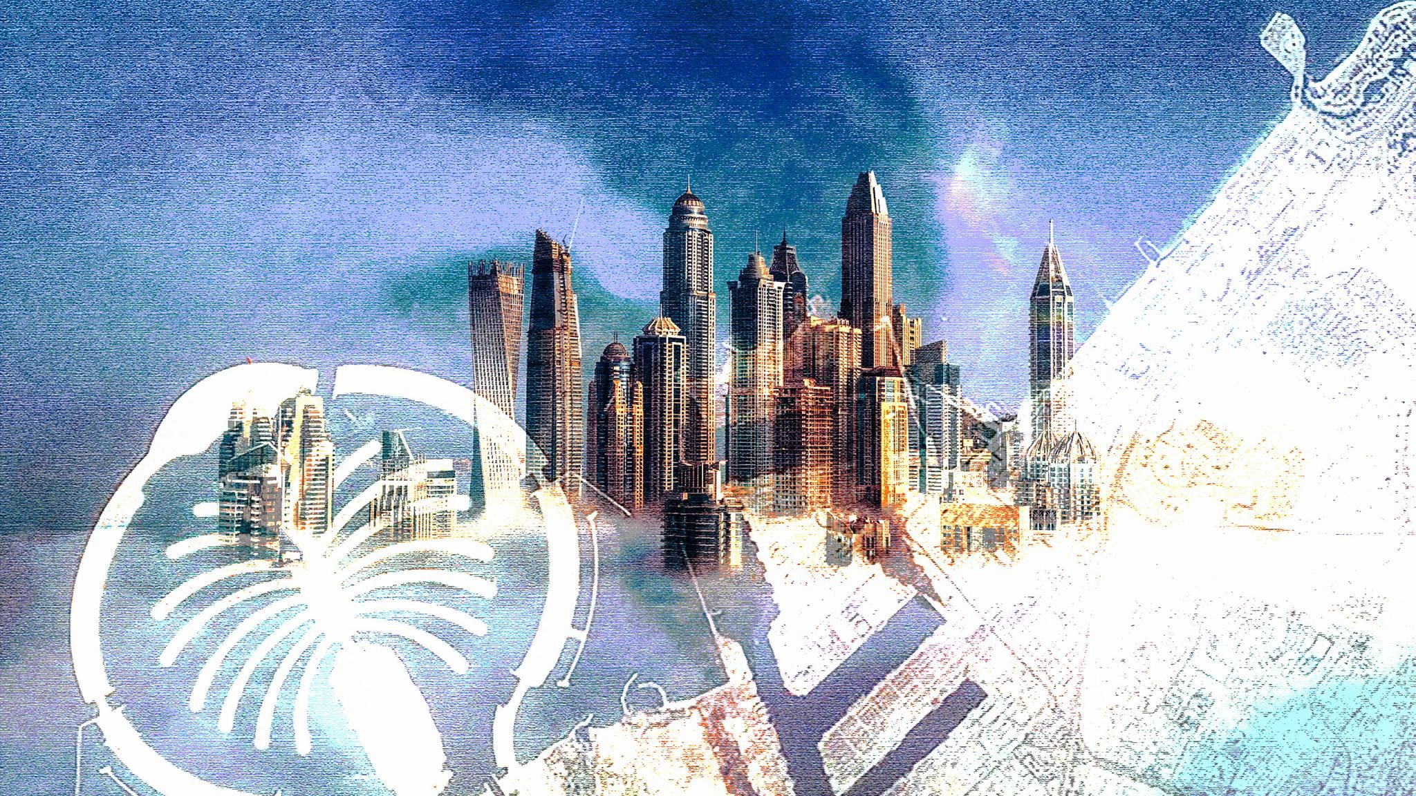 Montage: Satellitenbild mit Rauch und Skyline Dubai