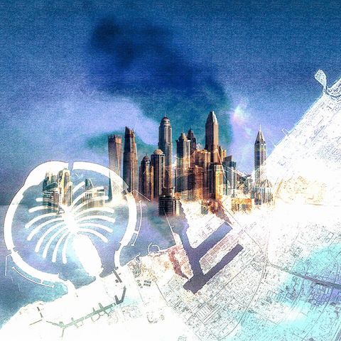 Montage: Satellitenbild mit Rauch und Skyline Dubai