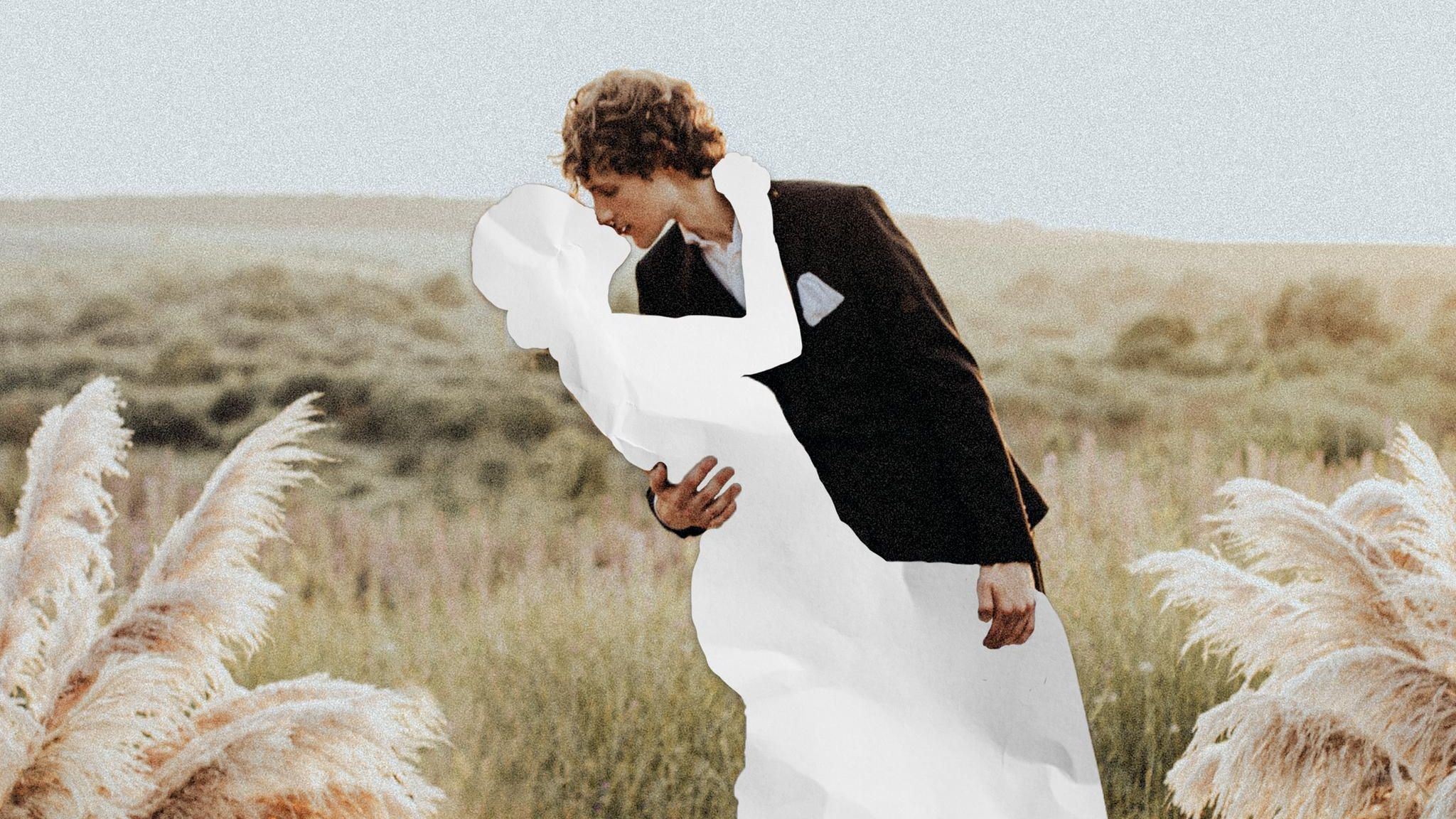 Collage: Ein Paar küsst sich, die Frau ist wie „ausgeschnitten“ (Symbolbild Trennung vor der Hochzeit)