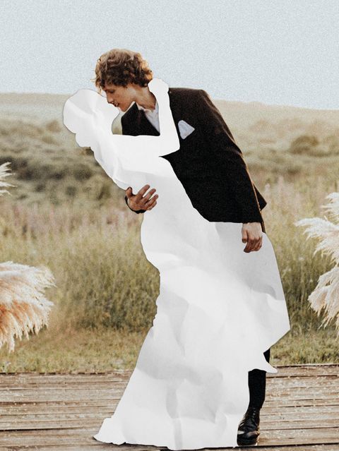 Collage: Ein Paar küsst sich, die Frau ist wie „ausgeschnitten“ (Symbolbild Trennung vor der Hochzeit)