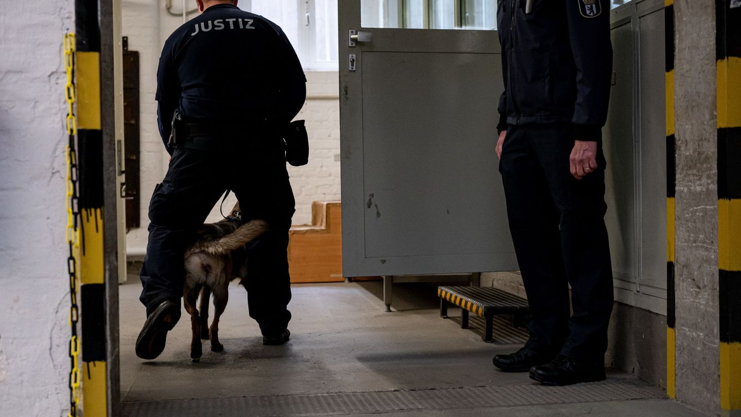 Ein Hund der justizeigenen Hundestaffel läuft mit einem Justizbeamten in der Justizvollzugsanstalt Tegel. (Archivbild) Foto: Fab