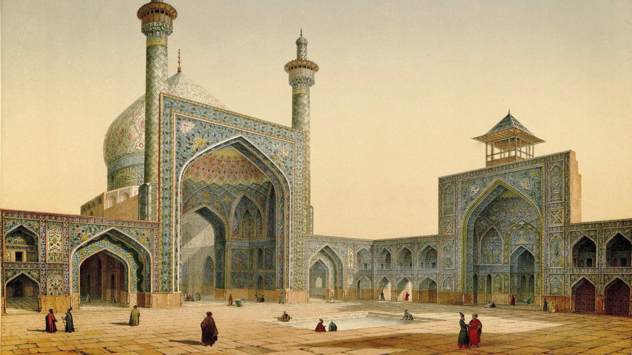 Gezeichneter Blick auf den Innenhof einer prächtigen Moschee