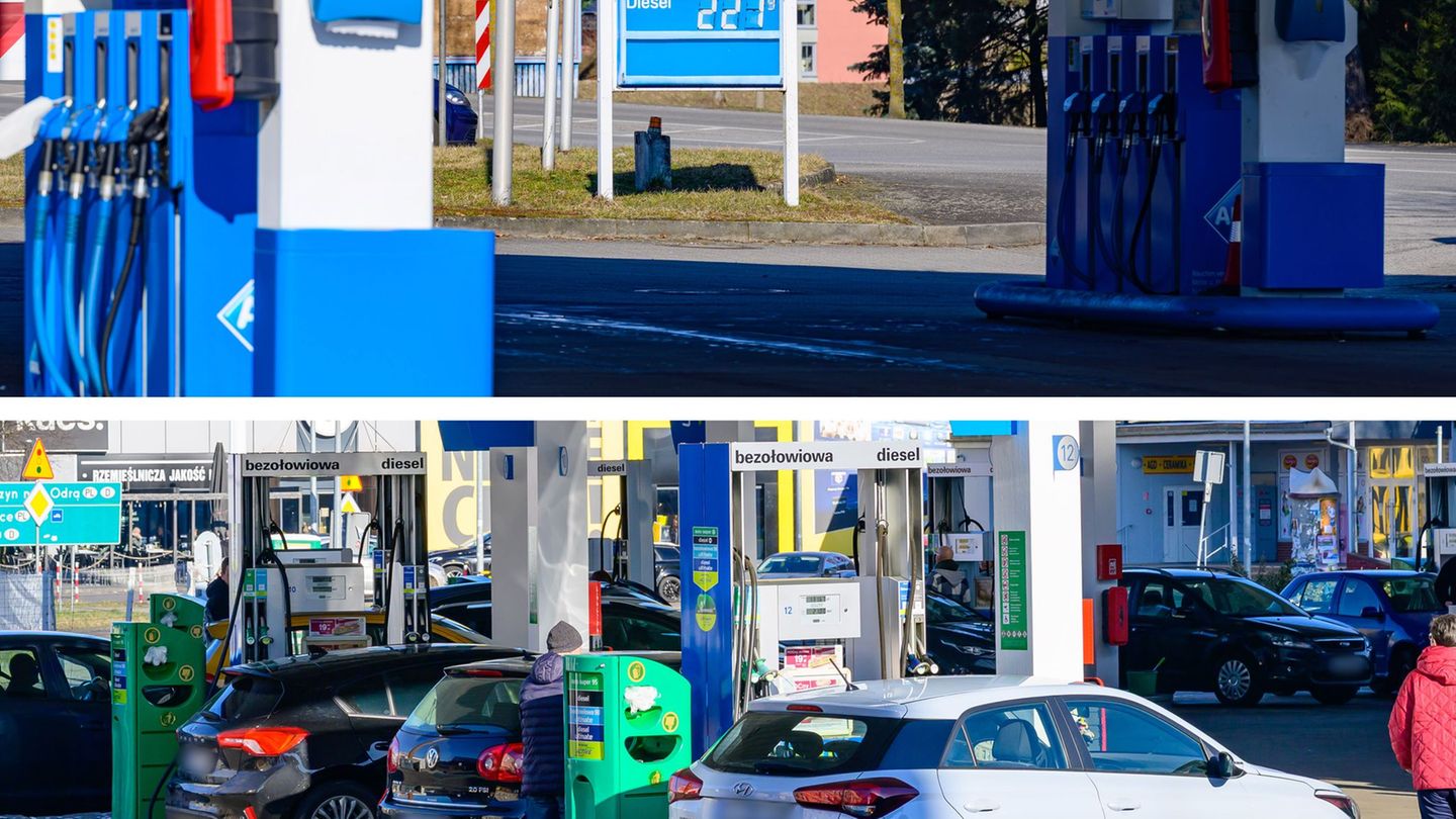 An der Tankstelle in Frankfurt (Oder) ist am Freitagvormittag nichts los - dagegen ist im benachbarten Slubice in Polen jede Zap