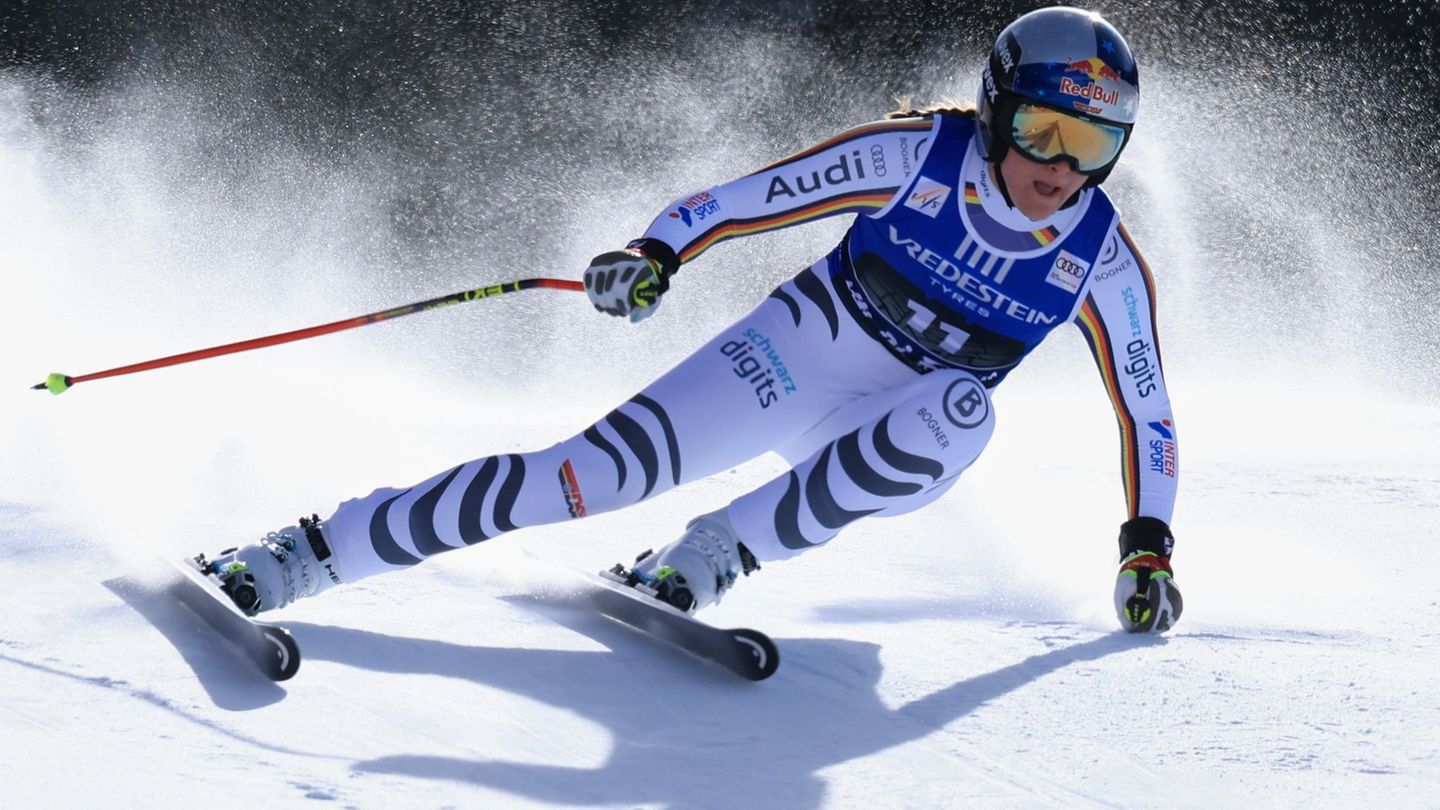 Emma Aicher raste auch in Val di Fassa auf das Podest. Foto: Luciano Bisi/AP/dpa