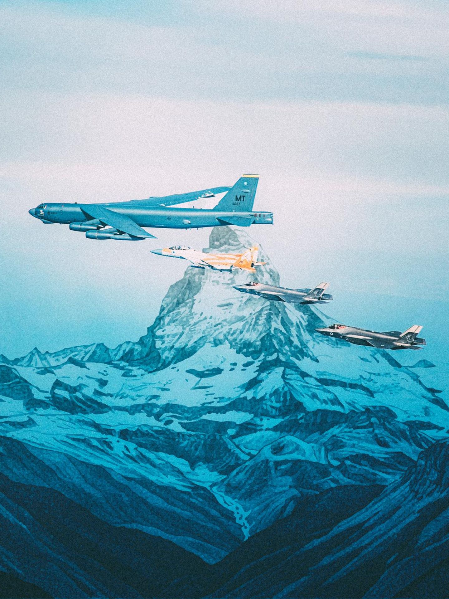 Irankrieg: verschiedene Militärflugzeuge am Matterhorn