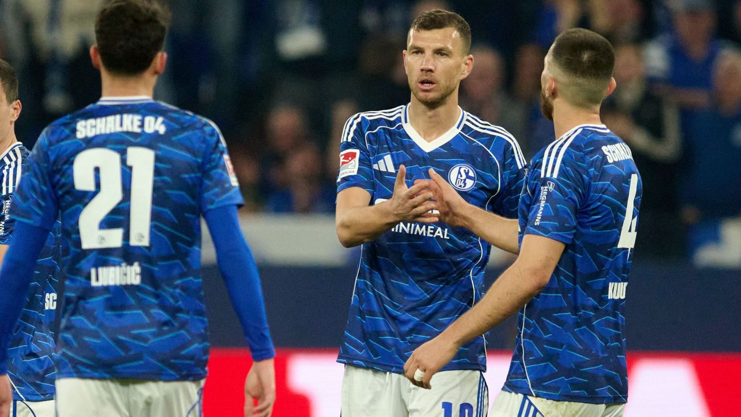 Stürmer Edin Dzeko (M) traf auch in seinem vierten Heimspiel für Schalke 04. Foto: Bernd Thissen/dpa