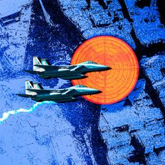 Montage: Luftbild vom Iran mit einem Fadenkreuz und zwei Kampfjets im Vordergrund