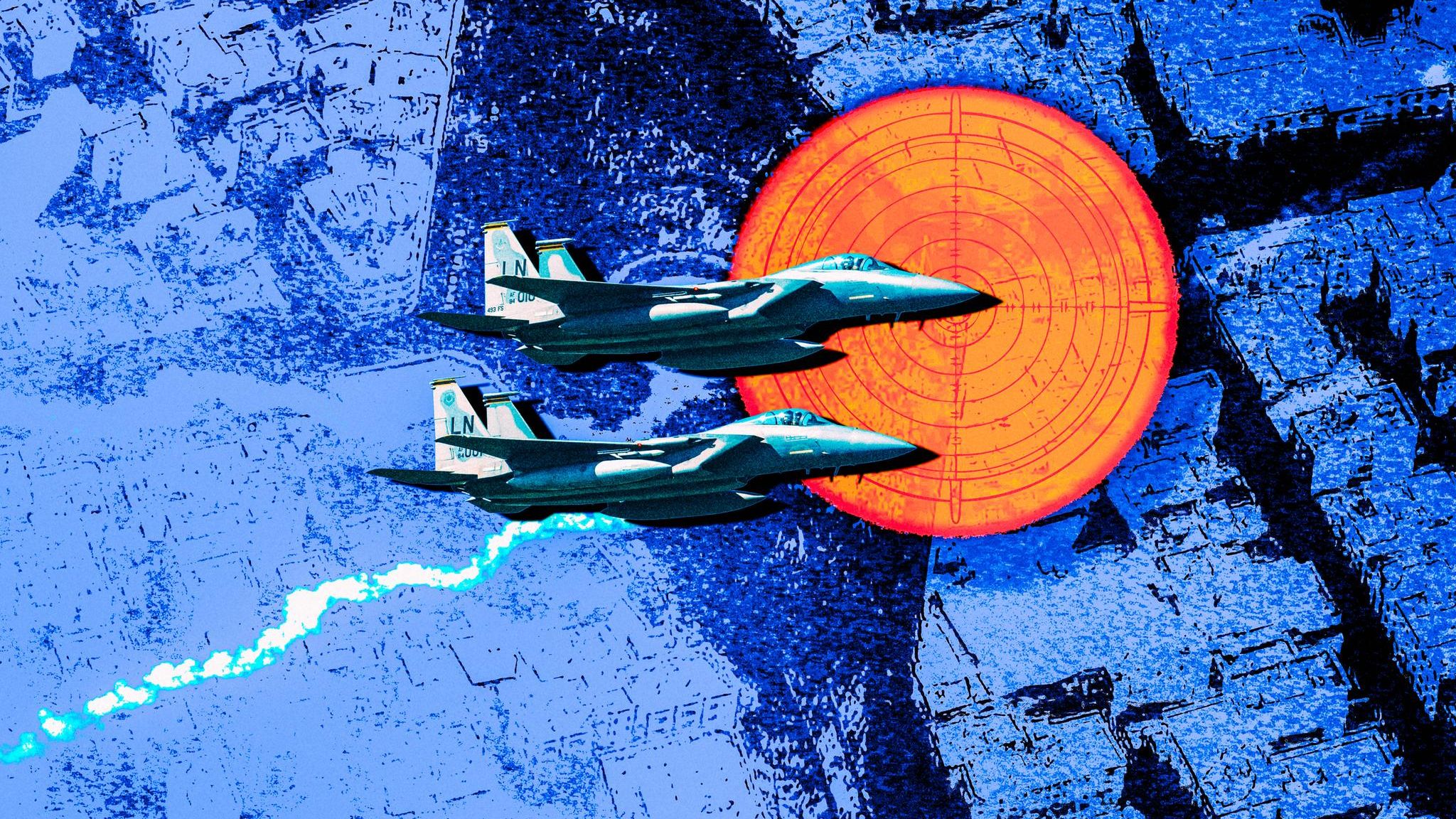 Montage: Luftbild vom Iran mit einem Fadenkreuz und zwei Kampfjets im Vordergrund