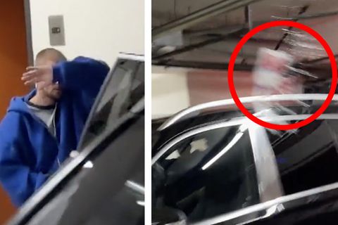 Links: Justin Bieber, Rechts: Geworfene Wasserflasche