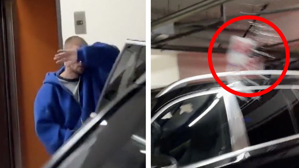 Links: Justin Bieber, Rechts: Geworfene Wasserflasche