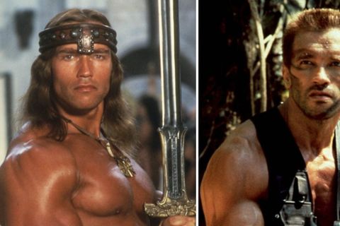 Arnold Schwarzenegger in zwei seiner ikonischsten Rollen: als "Conan der Barbar" (1982, li.) und in "Predator" (1987).