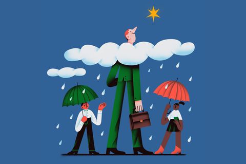 Ein Mann streckt seinen Kopf durch Regenwolken