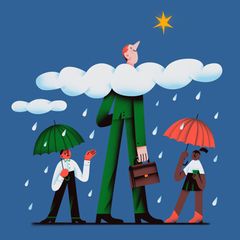 Ein Mann streckt seinen Kopf durch Regenwolken