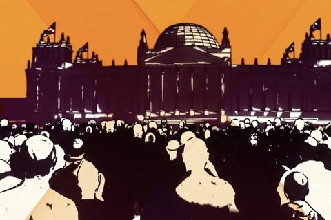 Eine Illustration des Bundestages mit vielen Menschen davor.