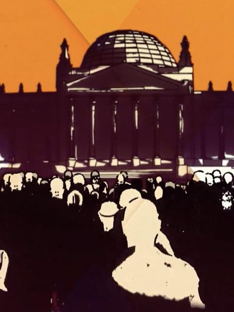 Eine Illustration des Bundestages mit vielen Menschen davor.