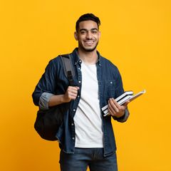 Ein Mann trägt einen Rucksack