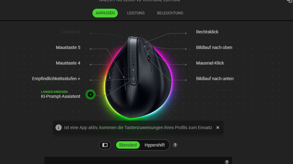 In der Software zur ergonomischen Razer-Maus lassen sich die Tasten natürlich frei belegen
