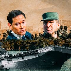 Montage: Rubio und Castro hinter Palmen. Im Vordergrund ist ein Kriegsschiff, im Hintergrund die Skyline von Havanna.