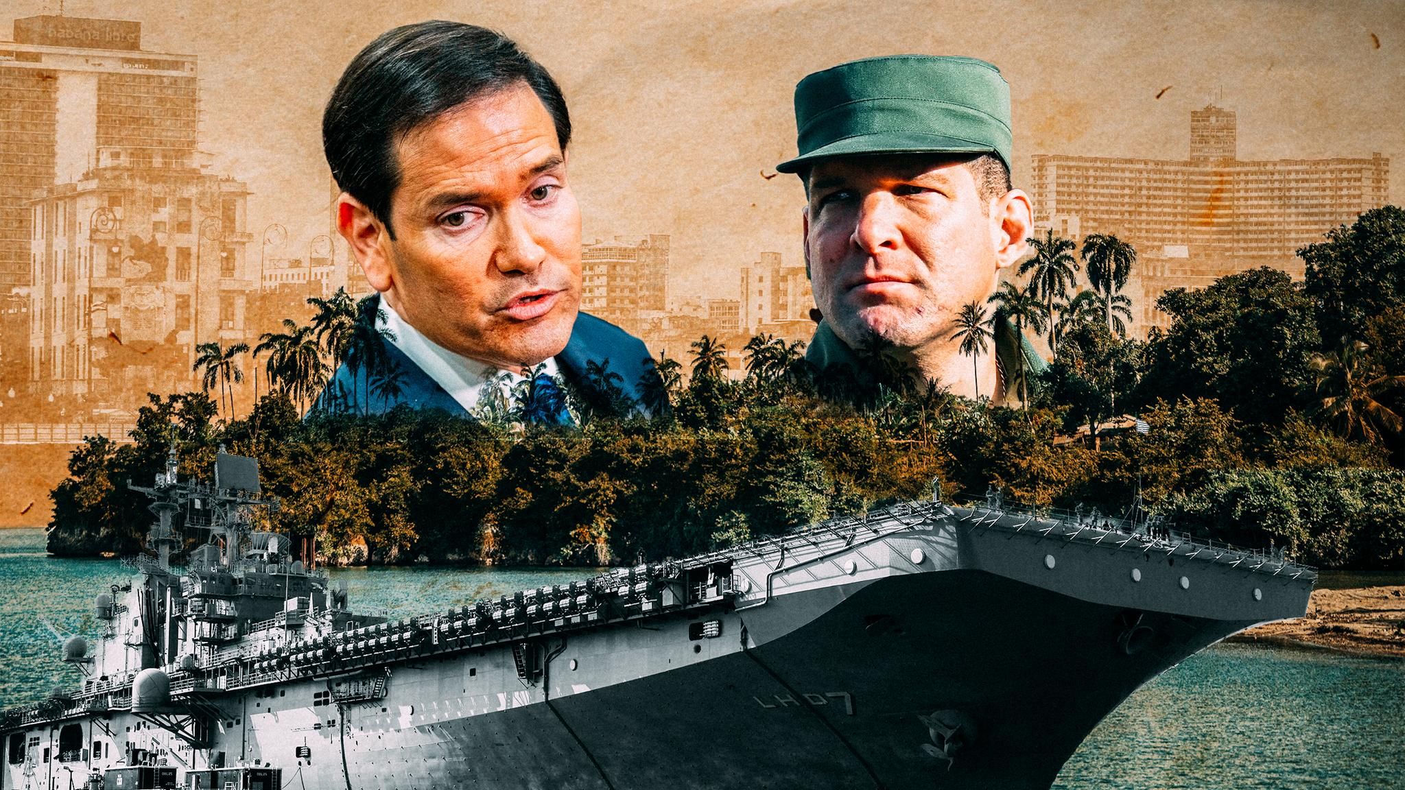 Montage: Rubio und Castro hinter Palmen. Im Vordergrund ist ein Kriegsschiff, im Hintergrund die Skyline von Havanna.