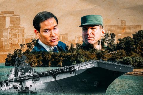 Montage: Rubio und Castro hinter Palmen. Im Vordergrund ist ein Kriegsschiff, im Hintergrund die Skyline von Havanna.
