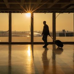 Person geht mit einem Koffer durch einen Flughafen