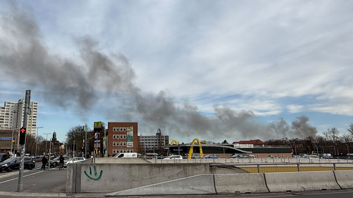 Die Rauchwolke des Brandes in einer Neuköllner Lagerhalle war auch aus größerer Entfernung zu sehen. Foto: Silke Sullivan/dpa