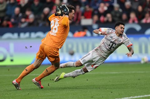 Elfer oder Schwalbe? Bayer-Leverkusens Torwart zieht zurück, während FC Bayerns Stürmer über ihn fällt