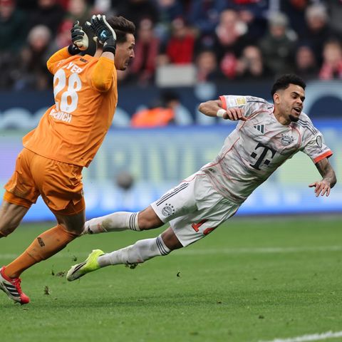 Elfer oder Schwalbe? Bayer-Leverkusens Torwart zieht zurück, während FC Bayerns Stürmer über ihn fällt