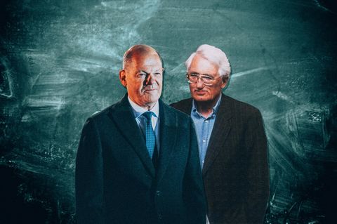 Collage: Scholz und Habermas vor einer blauen Wand