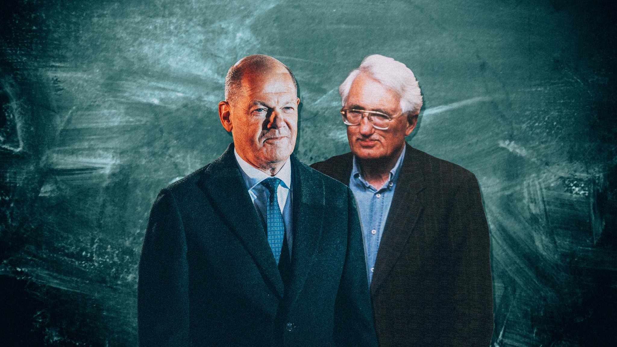 Collage: Scholz und Habermas vor einer blauen Wand