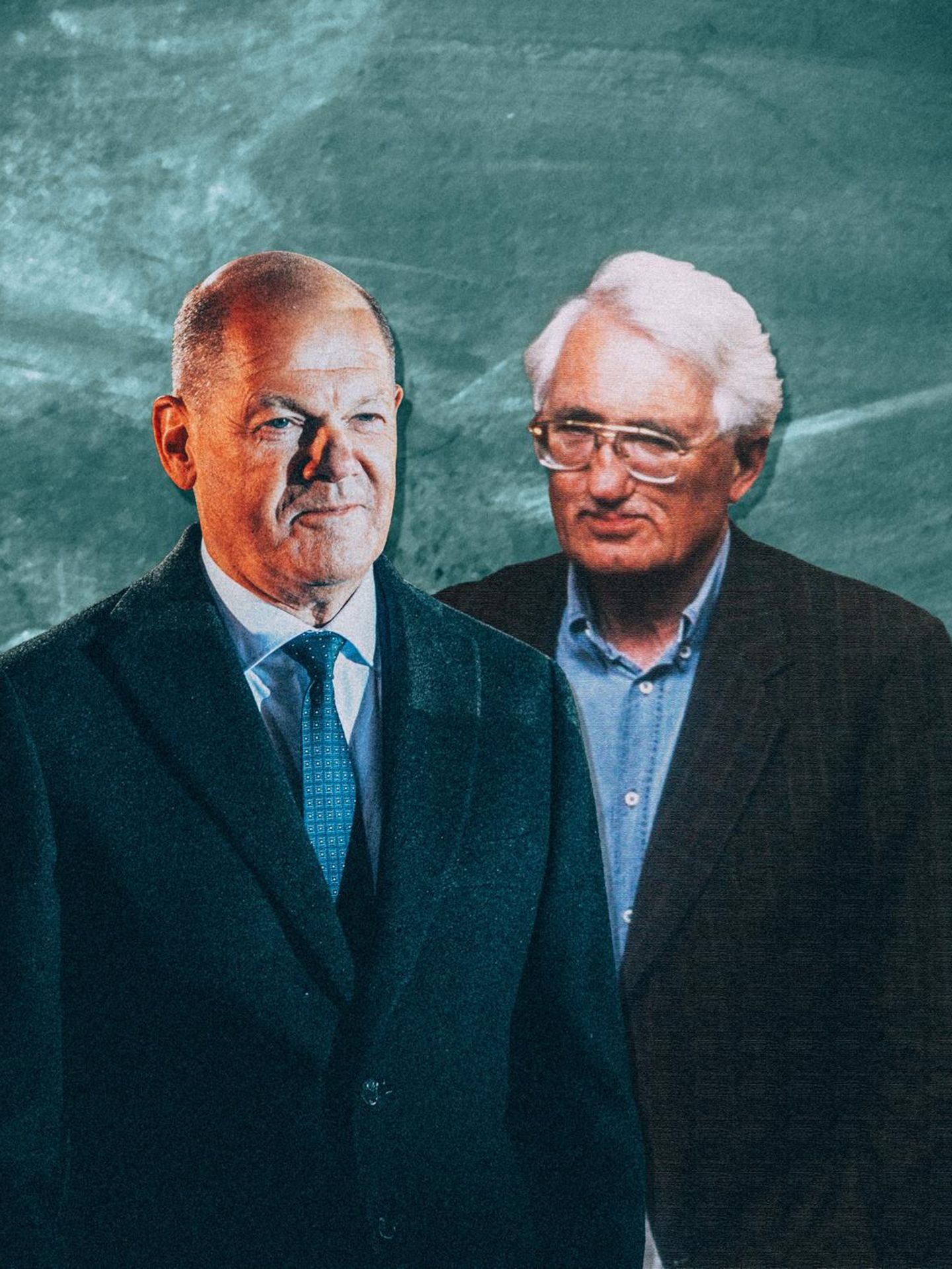 Collage: Scholz und Habermas vor einer blauen Wand