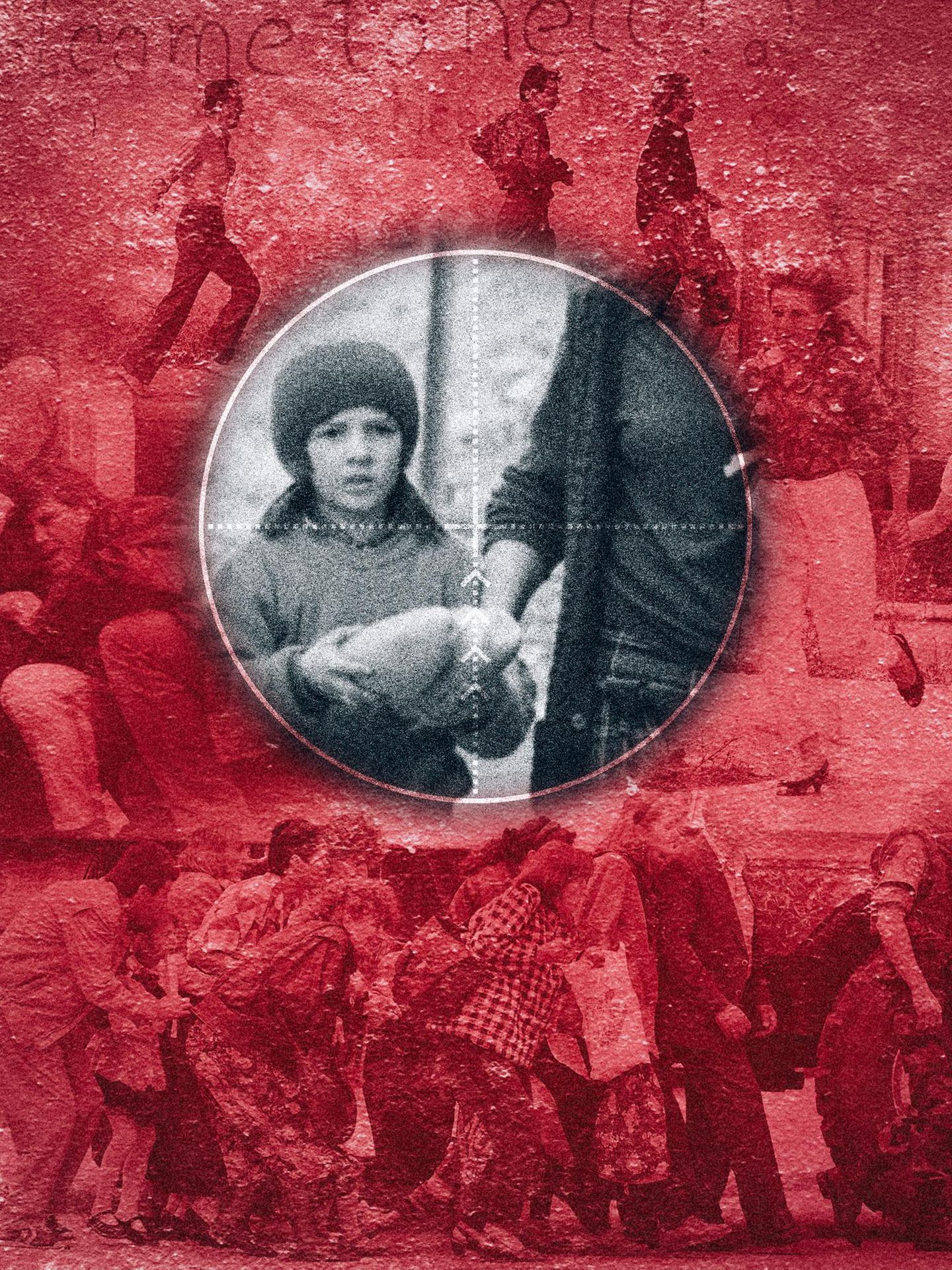 Collage: Ein Kind an der Hand einer Frau im Fadenkreuz. Darum Menschen in Aufruhr, die sich teils ducken und teils davonrennen.