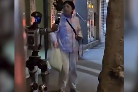 Ein Roboter belästigt eine Frau.