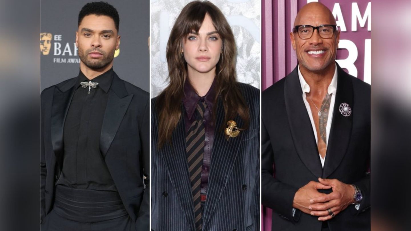 Sind schon dabei beim Broschen-Trend: Regé-Jean Page (l.), Cara Delevingne und Dwayne Johnson.