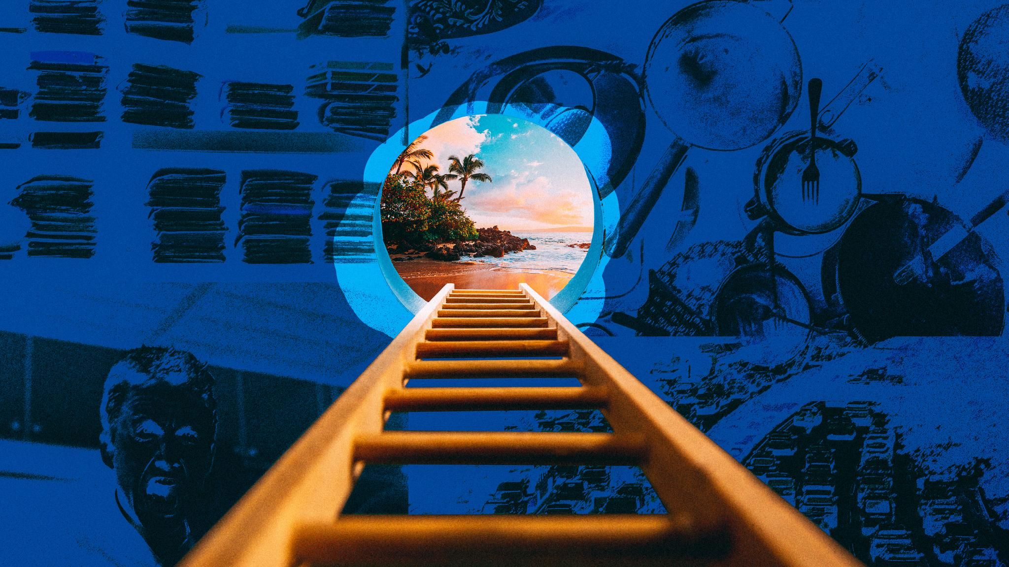 Eine Leiter führt zu einem Loch und einem Strand (Symbolbild Glück)