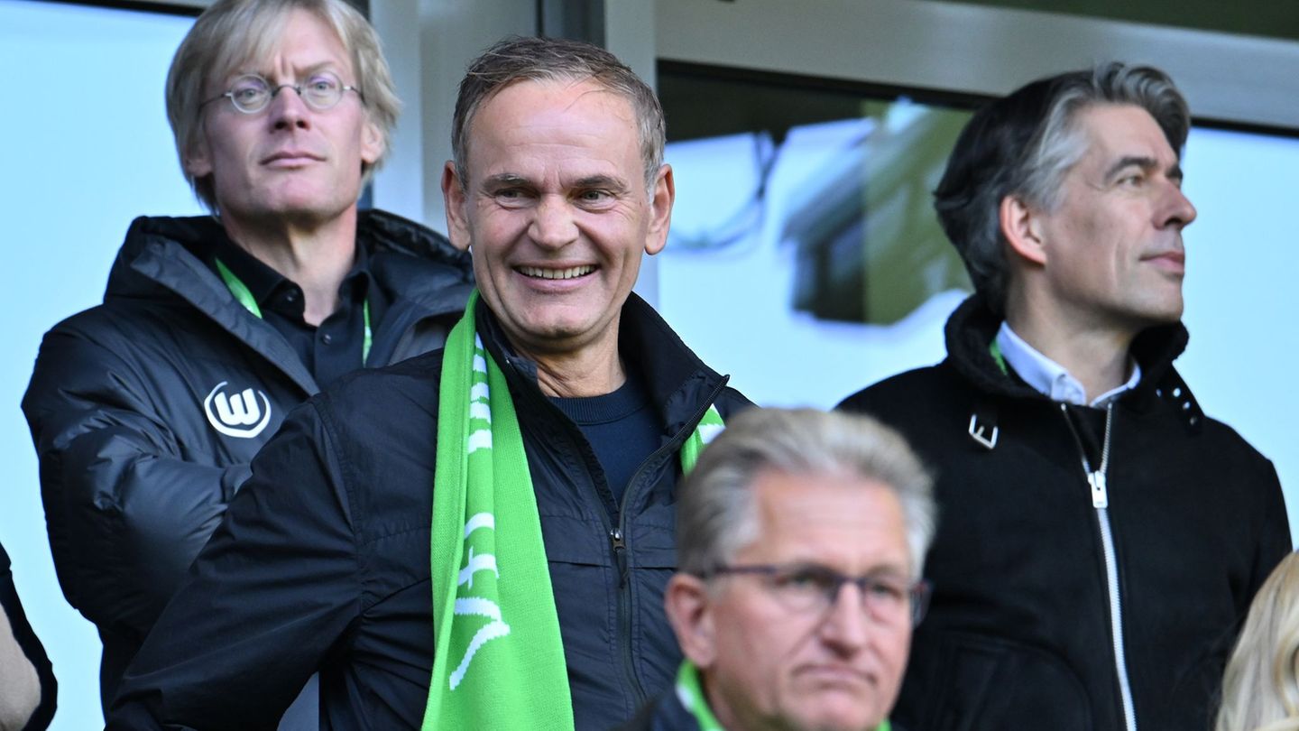 VW-Chef Oliver Blume (M) beim Heimspiel des VfL Wolfsburg. (Archivbild) Foto: Swen Pförtner/dpa